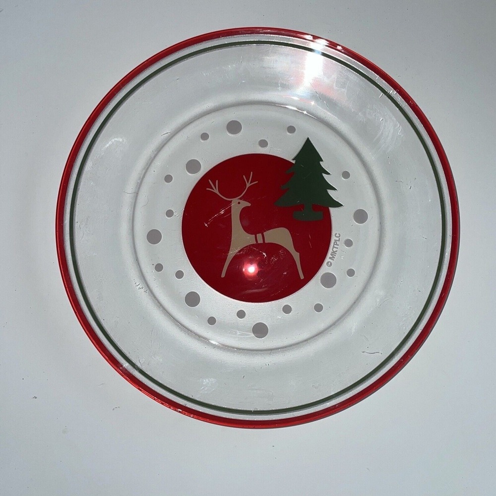 Marketplace‎ Vintage Christmas Round Clear Glass Plate Red Reindeer Green Tree